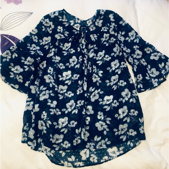 1X Navy Floral Peasant Top with Bell Sleeves and Faggoting detail Boho - Picture 13 of 14